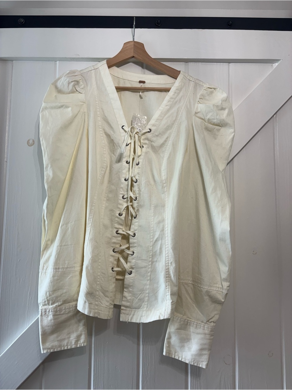 Free People Ivory Lace-Up Corset Puff Sleeve Cream Blouse Cottagecore Prairie M - Picture 2 of 10
